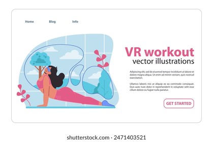 Immerse in a serene VR workout experience, where virtual landscapes meet physical fitness, depicted in a vibrant vector illustration of a woman practicing yoga amidst digital nature.