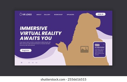 Immerse virtual education workshop website landing page interface design template or VR headset sale web banner design template