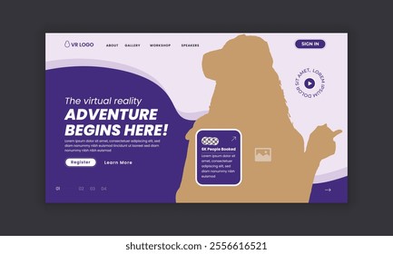 Immerse virtual education workshop website landing page interface design template or VR headset sale web banner design template