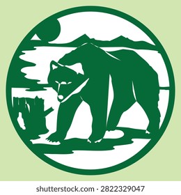 Immerse your audience in the great outdoors with this striking circular vector emblem featuring a powerful grizzly bear. Capturing the raw beauty of the wilderness, the graphic showcases a bear navigating a mountain landscape near a flowing river and tree stump, all contained within a classic round badge frame. This clean, green-and-white minimalist design is perfectly tailored for outdoor apparel lines, national park services, conservation agencies, and adventure travel brands.#BearLogo #WildlifeEmblem #GrizzlyBear #NatureDesign #VectorIllustration #MountainWilderness #OutdoorAdventure #GraphicArt #ForestWildlife #CampingLife