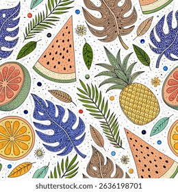 Immerse your designs in a vibrant, seamless summer tropical pattern. This vector file features juicy fruits like watermelon, pineapple, and orange, alongside lush leaves of monstered and palm.