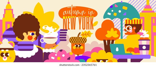 Immerse yourself in autumn in New York with this vibrant illustration. Yellow, falling leaves, warm rain, a mug of hot tea, and a cozy sweater. Feel the energy of the city among the people.