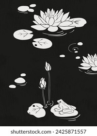 Immerse yourself in the beauty of Japanese engraving. A serene scene of a frog on a water lily leaf, by a lotus flower, rendered in monochrome vector format, evoking tranquility and elegance.