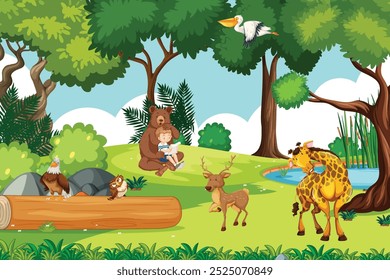 Immerse yourself in the beauty of nature with this vibrant forest vector design, featuring a variety of animals in their natural habitat. Perfect for eco-friendly projects, educational materials.