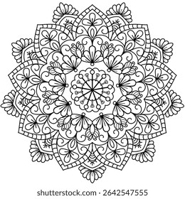 Immerse yourself in calm with this intricately hand-drawn floral mandala  a perfect design for coloring books, meditation art, and spiritual decor.