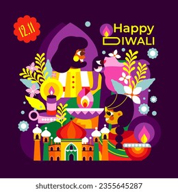 Tauchen Sie ein in die Feier von Diwali mit dieser modernen Illustration! Ein fröhliches indisches Paar, ein Elefant und ein Meer ​ ​ Lichter. Erleben Sie das Wesen von Diwali in einem Design!