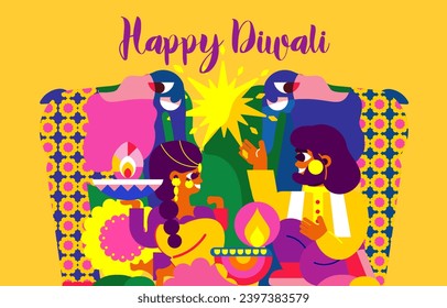 Immerse yourself in the celebration of Diwali with this modern illustration! A cheerful Indian couple, an elephant and a sea of ​​lights. Experience the essence of Diwali in one design!