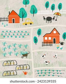 Immerse yourself in the charm of rural life with this hand-drawn poster, depicting an eco-friendly village scene. Embrace self-sustainability and organic living with this heartwarming illustration.