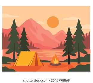 Immerse yourself in the cozy holiday vibes with this beautiful illustration of a yellow tent set against a campfire background. Perfect for outdoor enthusiasts and nature lovers.