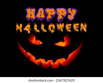 Tauchen Sie mit diesem Design in die unheimliche Atmosphäre von Halloween ein. Ein heller Kürbis strahlt in der Dunkelheit aus und schafft eine geheimnisvolle Szene. Der Text "Happy Halloween" verleiht dieser Dunkelheit eine festliche Note