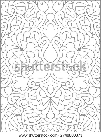 Immerse yourself in the elaborate beauty of this symmetrical coloring page, bursting with a richly ornate abstract pattern. The design features a profusion of intertwined floral elements and intricate scrollwork that radiate from the center. Ideal for experienced colorists, this detailed illustration offers a profound opportunity for meditative focus, artistic exploration, and a therapeutic escape from daily pressures, promoting deep relaxation.