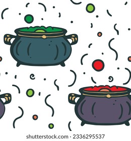 Immerse yourself in a magical brew with this captivating seamless pattern featuring colorful boiling cauldrons and enchanting bubbles.