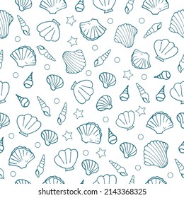 Immerse yourself in our delightful image! Encounter a seamless pattern showcasing adorable seashell illustrations against a pristine white backdrop, a tribute to seaside wonders.