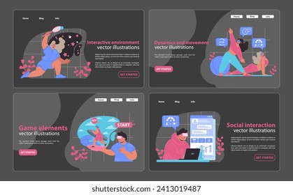 Immerse yourself in our vibrant VR workout world, where engaging game elements, dynamic movements, and social connections come to life in beautifully crafted vector illustrations.