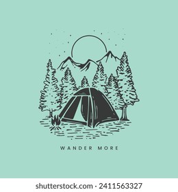 Immerse yourself in the serene beauty of this captivating vector design. A picturesque campsite nestled against majestic mountains creates a tranquil scene, inviting viewers to wander more.