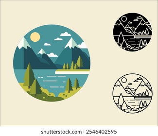 Immerse yourself in the serenity of nature with this modern flat illustration of a mountain landscape.