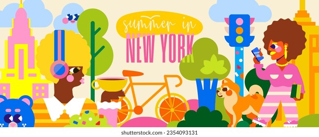 Immerse yourself in summer in New York with this vibrant illustration. Feel the energy of the city among the people, the green park and the famous skyscrapers.