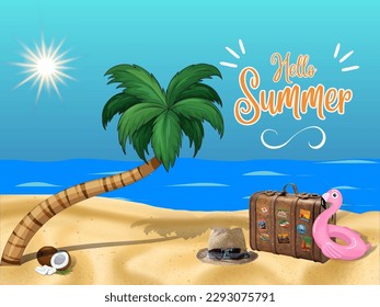 Immerse yourself in summer with this "Hello Summer" design that invites relaxation and relaxation on a paradise beach. Between the coconut tree, the buoy, the hat and the suitcase