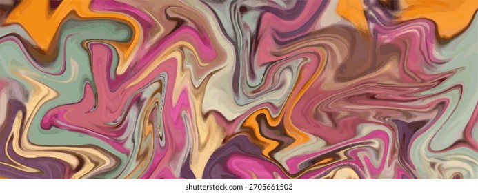 Sumérgete en los colores arremolinados de esta pieza de arte abstracto moderno que muestra rosas, verdes y naranjas dinámicos para un elemento de diseño vibrante y enérgico