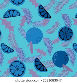 Immerse yourself in this captivating background pattern adorned with oranges and fir branches. The vibrant vector pattern features oranges and fir branches in a bright illustration.
