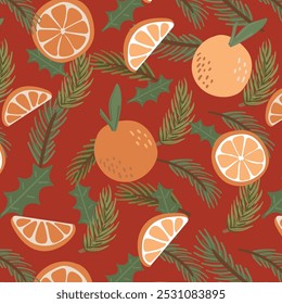 Immerse yourself in this captivating background pattern adorned with oranges and fir branches. The vibrant vector pattern features oranges and fir branches in a bright illustration.