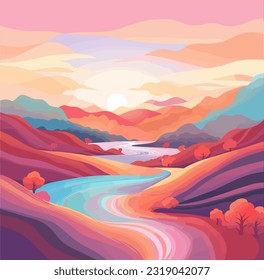 Immerse yourself in the tranquility of this serene vector illustration, showcasing a landscape of colorful rolling hills.