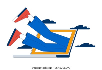 Sumérjase en el concepto de ilustración totalmente 2D. Empleado Corporativa de la compañía buceando en el monitor de la computadora portátil Piernas Caricatura aislado en blanco. Gráfico de Vector plano abstracto de metáfora