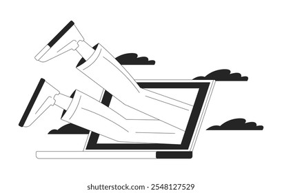 Sumérjase en el concepto de ilustración 2D en blanco y negro. Empleado Corporativa de la compañía buceando en las piernas del monitor del ordenador portátil perfil carácter aislado. Metáfora de Arte vectorial monocromo