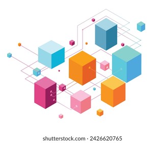 Immerse yourself in a world of geometric vector abstraction: vibrant isometric cubes connected by mesmerizing abstract lines rise against a clean white background.
