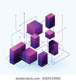 Sumérgete en un mundo de abstracción geométrica de vectores: vibrantes cubos isométricos conectados por líneas abstractas hipnotizantes se elevan contra un fondo blanco limpio.