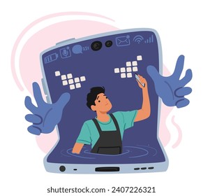 Inmerso En Un Abismo Digital, Un Hombre Adicto Se Hunde En La Amplia Expansión De Su Pantalla De Smartphone, Atrapando Con Fuerza El Dispositivo Que Consume Su Atención Y Lo Desconecta De La Realidad, El Vector