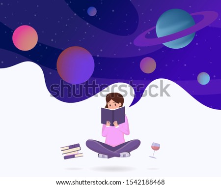 Immersed in reading metaphor vector illustration. Young girl in lotus pose enjoying sci fi literature, fantasy novel cartoon character. Female student reading space exploration textbooks
