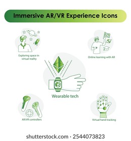 Immersive ARVR Experience Icons: Space Exploration, Hand Tracking, and Interactive Learning.