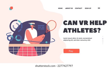 Immersive Experience Of Vr Technology Landing Page Template. Character Playing Virtual Reality Tennis On Digital Court
