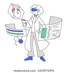 Atención médica inmersiva: Ilustración vectorial de un médico con capacidad para VR que practica la medicina para la atención avanzada al paciente. Tecnología VR. Ilustración plana vectorial para diseño de sitio web o ui ux