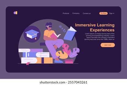 Immersive Learning concept. A person engages with virtual education using VR headset among interactive books. E-learning future, digital classroom innovation. Vector illustration.
