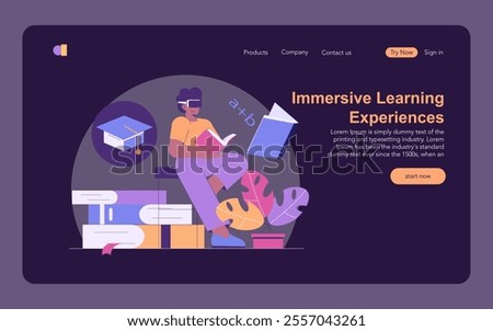 Immersive Learning concept. A person engages with virtual education using VR headset among interactive books. E-learning future, digital classroom innovation. Vector illustration.