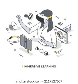 Immersive learning concept. Woman uses modern education technology of virtual reality to simulate real-world scenario and create engaging training environment. Isometric illustration