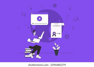 Immersive learning web concept with character scene in flat design. People wearing in VR headset to interacting with virtual reality for study. Vector illustration for social media marketing material.