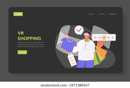 Immersive Marketing concept. A happy shopper experiences VR shopping, selecting products and reviewing them digitally. Vector illustration.