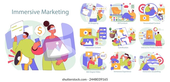 Immersive Marketing concept. Innovative strategies for audience engagement like VR shopping and AR experiences. Engaging visuals for interactive advertising trends. Vector illustration.