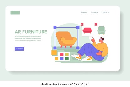 Immersive marketing concept. A person interacts with virtual furniture on a digital device, envisioning home decor. Online shopping experience using AR technology. Vector illustration.