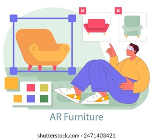 Concepto de marketing envolvente. Una persona que usa la realidad aumentada para elegir muebles. Interacción entre diseño de interiores virtuales y tecnología digital. Ilustración vectorial.