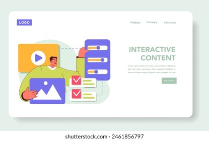 Immersive Marketing concept. A user engaging with multimedia content on a website interface for a compelling online experience. Vector illustration.