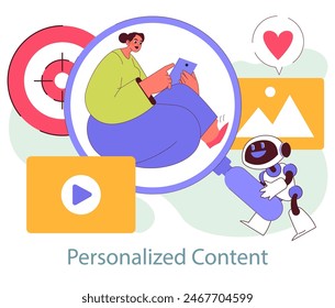 Immersive Marketing concept. A user enjoys targeted content delivered by AI on digital platforms. Engaging personalized user experience. Vector illustration.