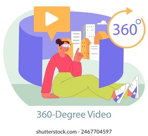 Immersive Marketing concept. A user experiences virtual reality 360-degree video content in an urban setting. Engagement through innovative tech and VR glasses. Vector illustration.