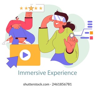 Immersive Marketing concept. A virtual reality user interacting with a digital interface, expressing satisfaction through a five-star review. Vector illustration.