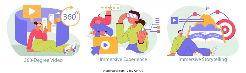 Immersive Marketing set. Exploring interactive brand engagement through 360-degree video, immersive experiences, and storytelling. Enhancing consumer connection. Vector illustration.