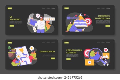 Immersive marketing set. VR shopping, storytelling, gamification, and personalized content approaches. Engaging experiences for modern consumers. Vector illustration.