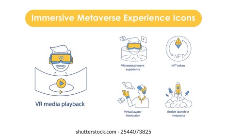 Ícones imersivos da experiência do metaverso: entretenimento VR, lançamento de foguetes e ativos digitais.